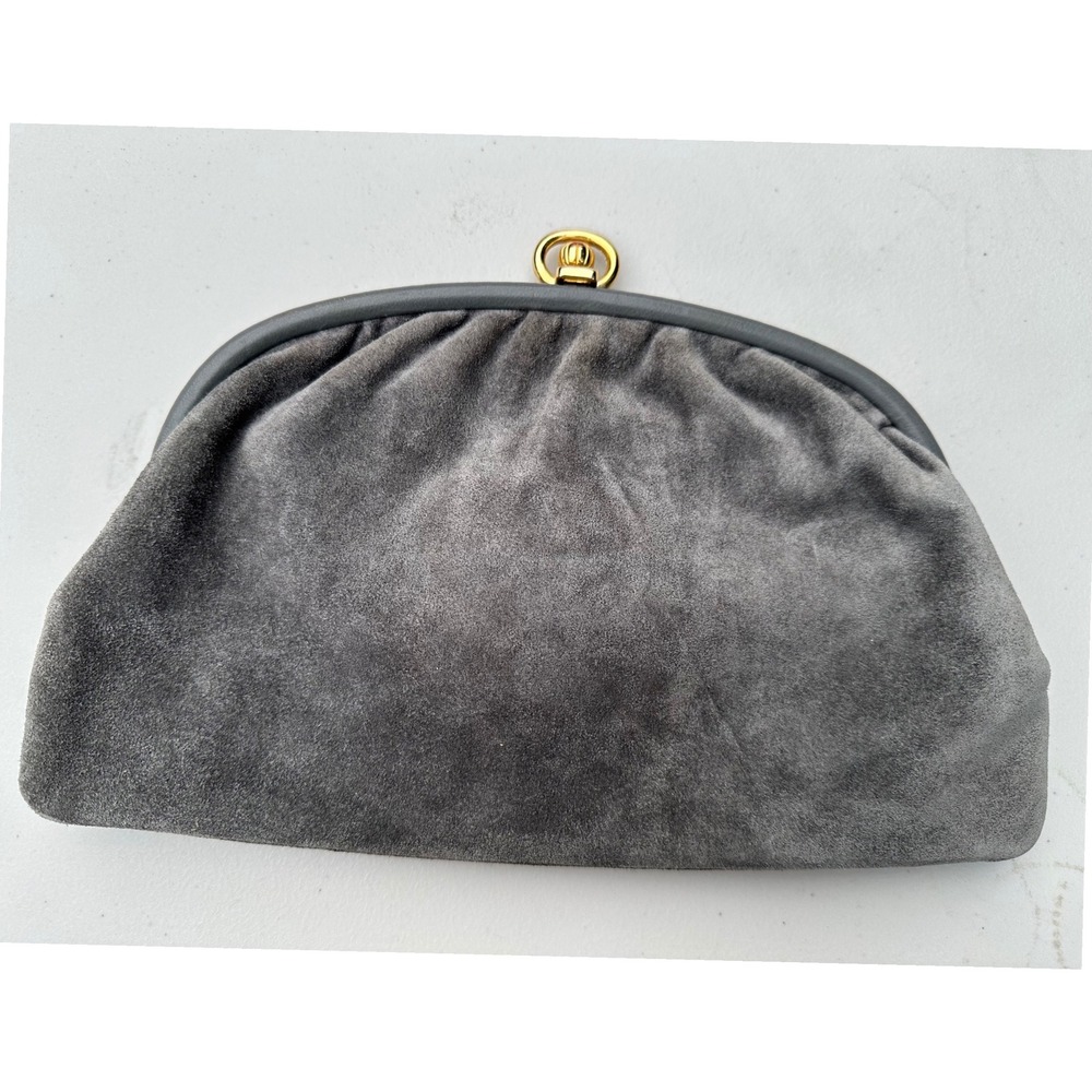 Vintage Made in Italy Gray Suede Leather Clutch Bag Gold Orb Kiss Lock Closure
